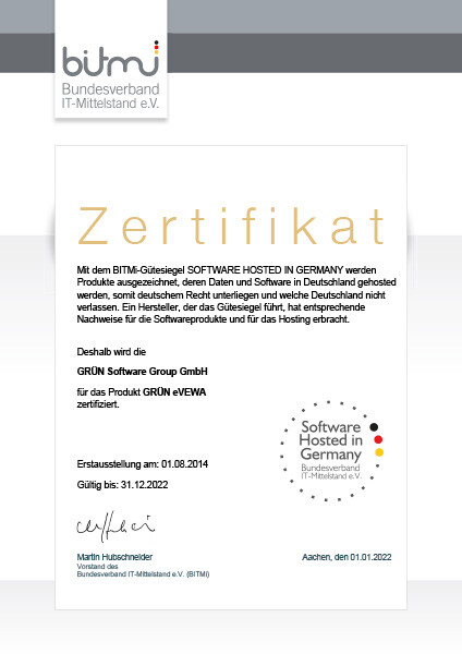 GRÜN eVEWA wurde mit dem Siegel Software Hosted in Germany ausgezeichnet.