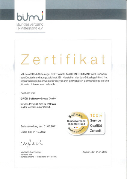 GRÜN eVEWA mit dem Siegel Software made in Germany ausgezeichnet.
