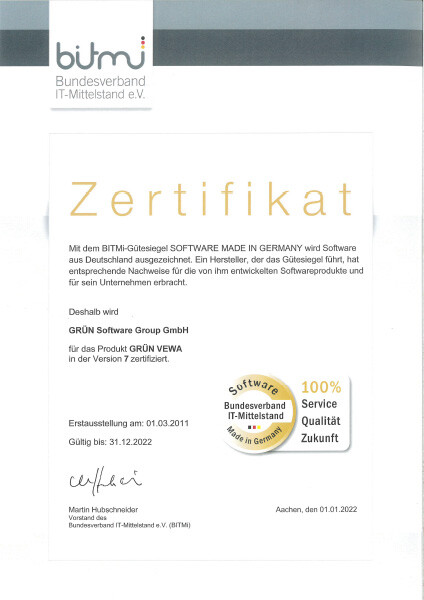 GRÜN VEWA mit dem Siegel Software made in Germany ausgezeichnet.