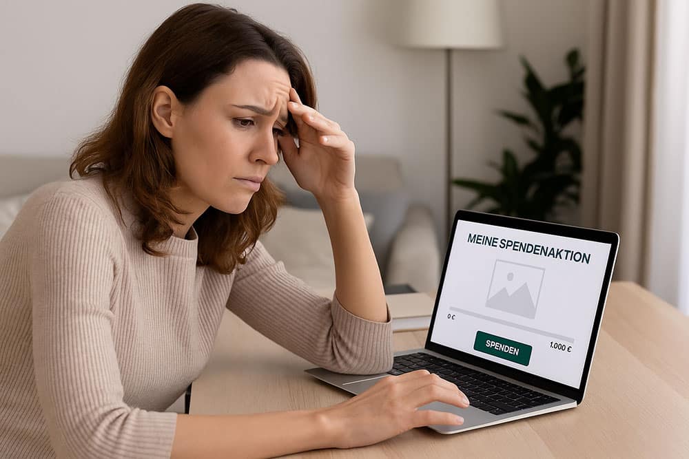 Frau sitzt frustriert vor Laptop mit nicht erfolgreicher Spendenaktion