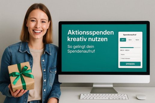 Frau mit Geschenk steht neben Computer mit Online-Spendenformular für Aktionsspenden