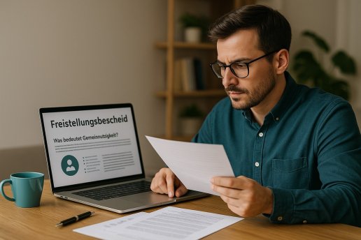 Mann liest am Laptop &uuml;ber den Freistellungsbescheid