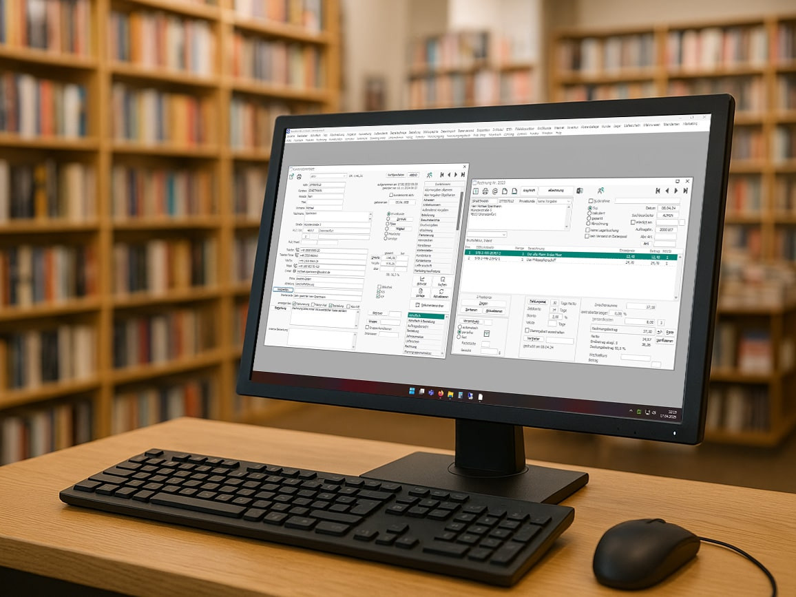 monitor with GRÜN bookhit software in a bookstore, side view, with keyboard and mouse.