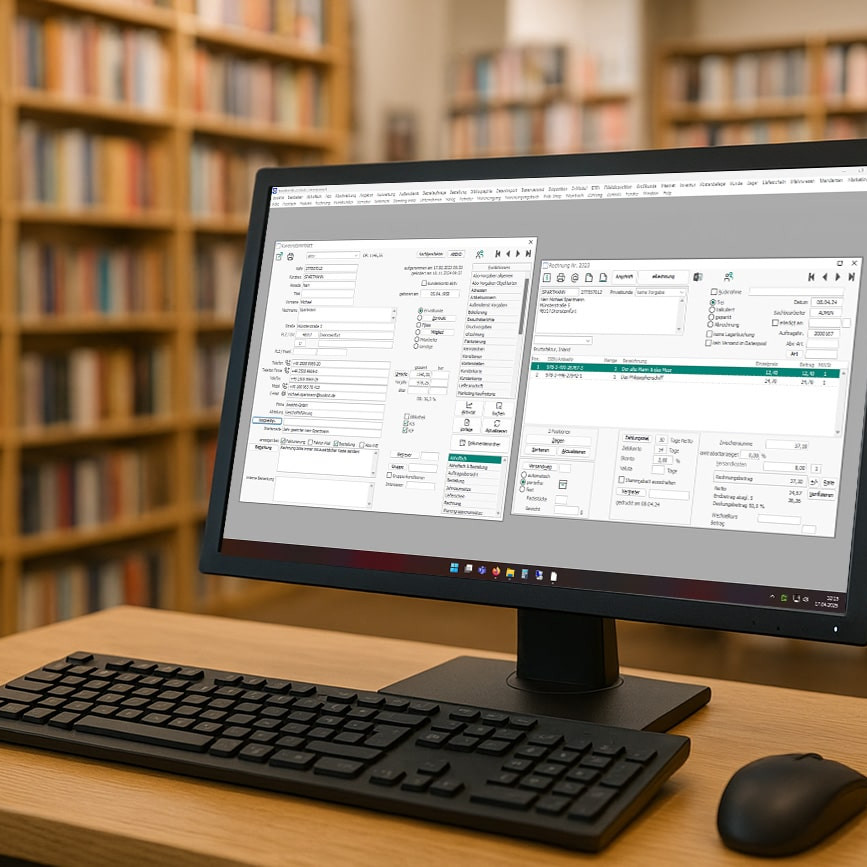 Monitor mit GRÜN bookhit Software in einer Buchhandlung, seitlicher Blickwinkel, mit Tastatur und Maus.