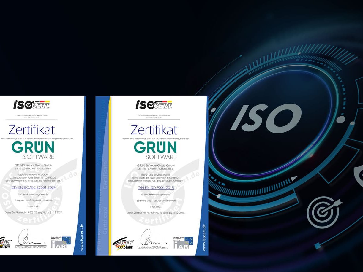 Zertifikate ISO 27001 und ISO 9001 der GRÜN Software Group