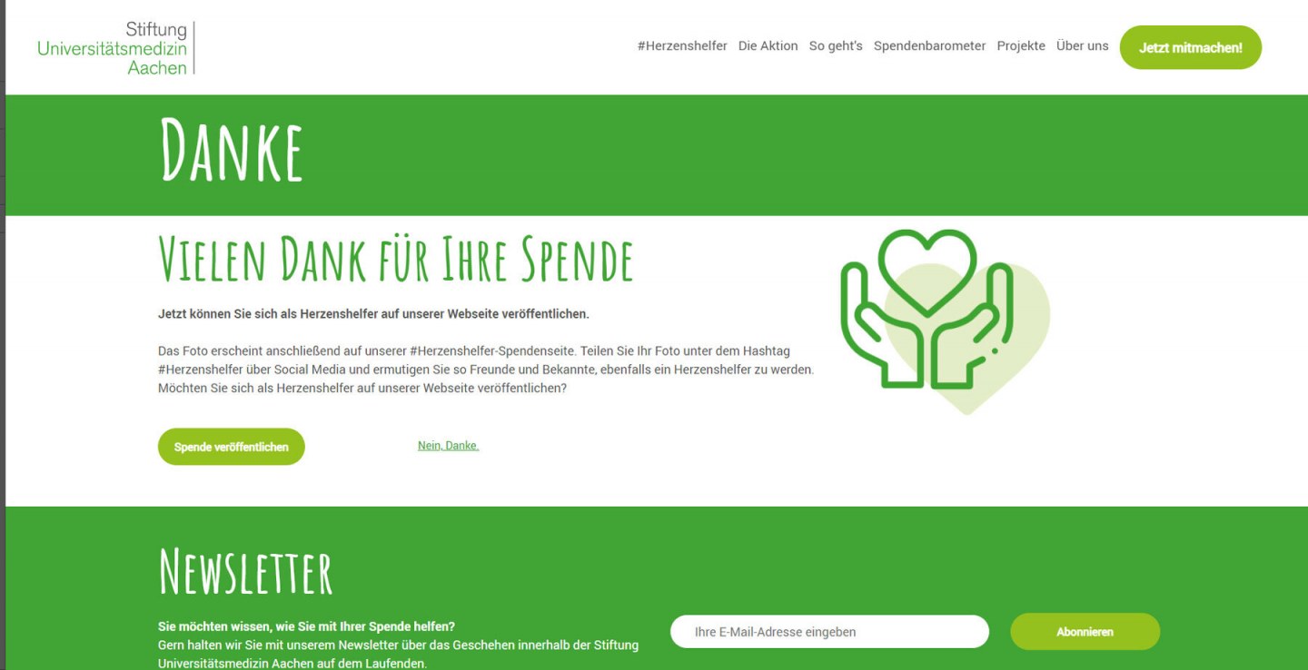 Danke-Seite nach der Online Spende.