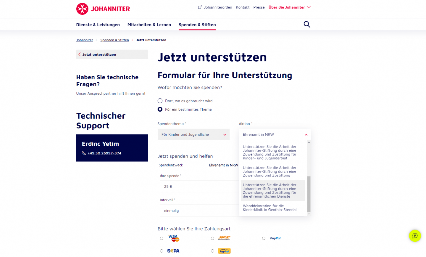 Spendenprojekt auswählen bei den Johannittern.