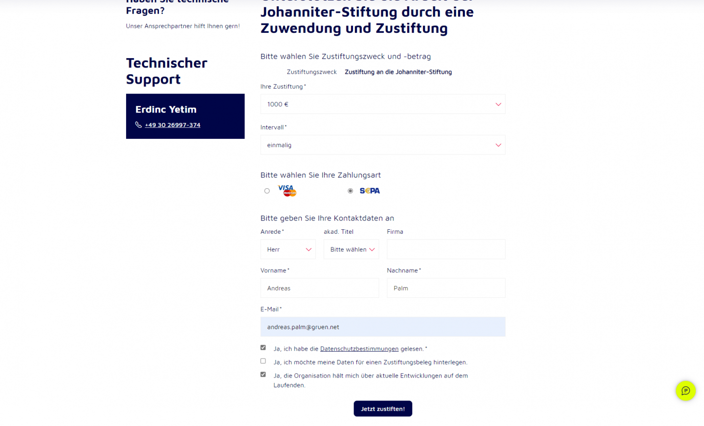 Das Online Spendenformular von GRÜN spendino bei den Johannitern.