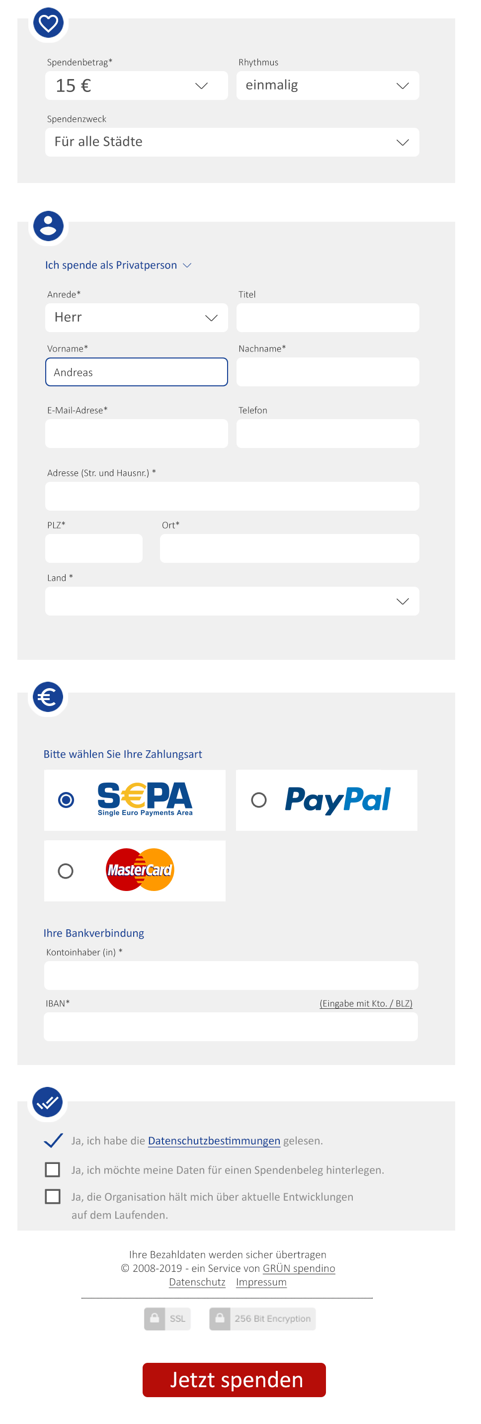 Online donation form from GRÜN spendino