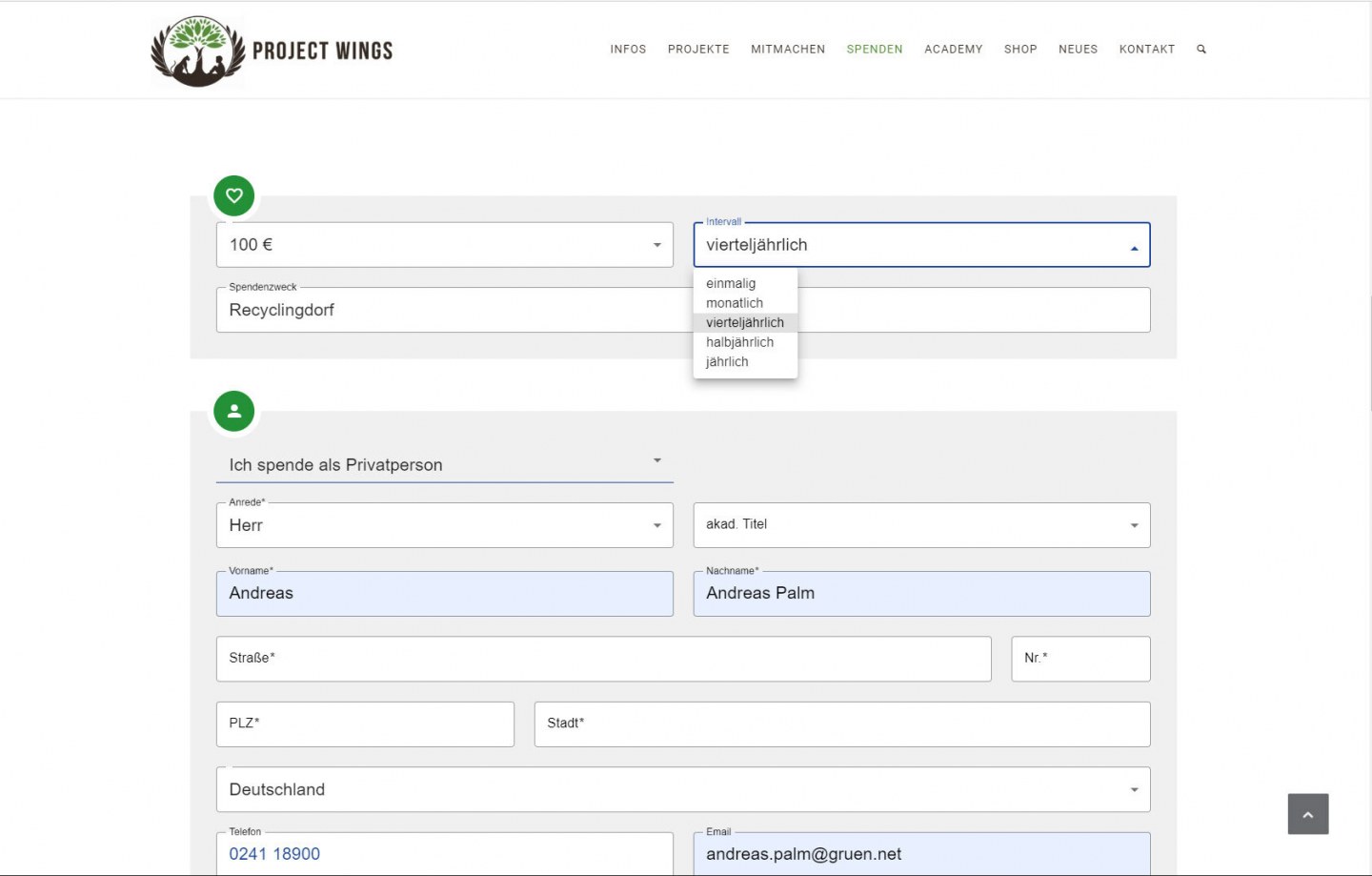 Online Spendenformular bei Project Wings.