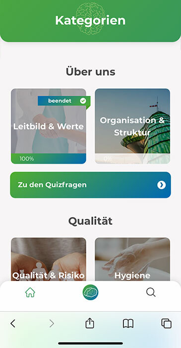 Kategorien n der Progressive Web App - Inhaltsvermittlung für neue Mitarbeiter des Uniklinikums Aachen.