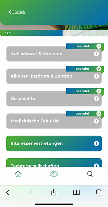 Gamification in der Progressive Web App - Übersicht der gelesenen Kategorien zur Uniklinik Aachen.