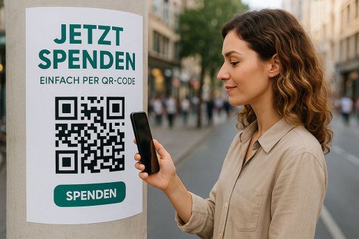 Frau scannt QR-Code auf Plakat zur Spendenaktion