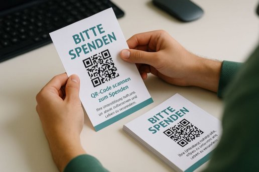 Spendenflyer mit QR-Code in Händen über Schreibtisch mit Tastatur