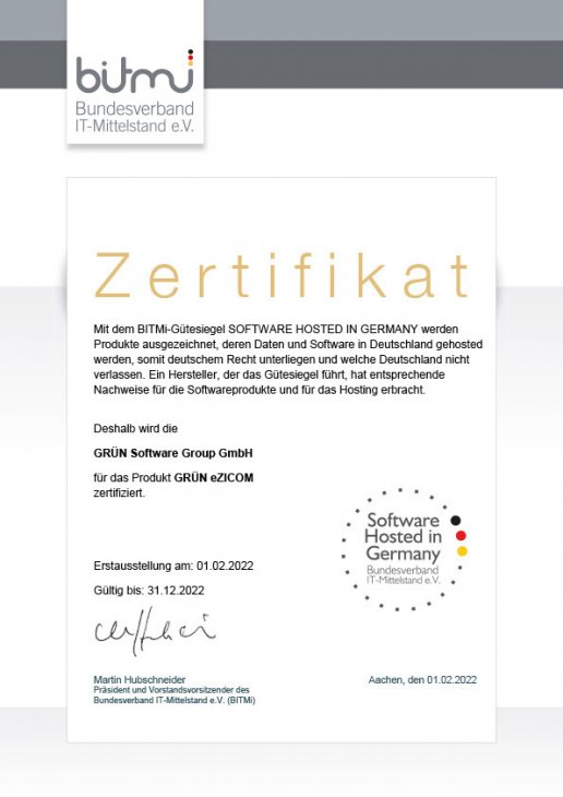 GRÜN eZICOM was awarded the Software Hosted in Germany seal.