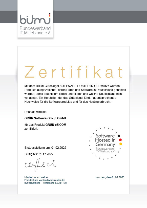 GRÜN eZICOM wurde mit dem Siegel Software Hosted in Germany ausgezeichnet.