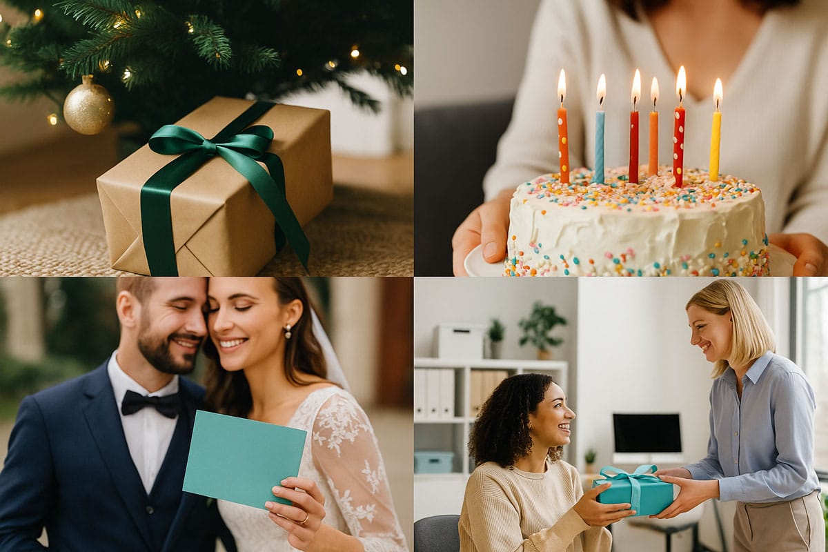 pende schenken zu Weihnachten, Geburtstag, Hochzeit und im Büro – verschiedene Anlässe als Collage