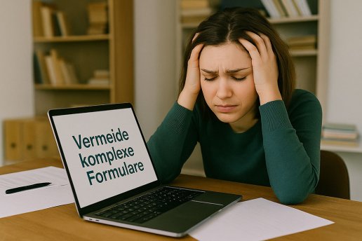 Frau verzweifelt vor Laptop mit Hinweis „Vermeide komplexe Formulare“