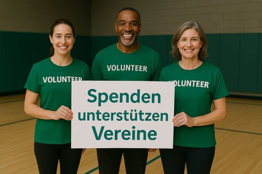 Freiwillige halten Schild mit der Aufschrift Spenden unterstützen Vereine