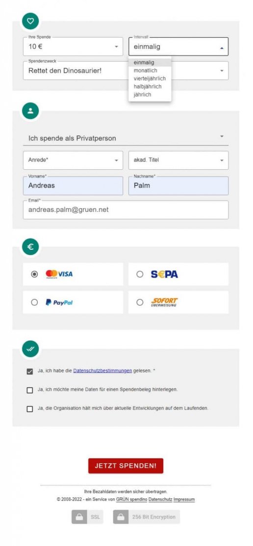 Spendenformular GRÜN spendino Screenshot