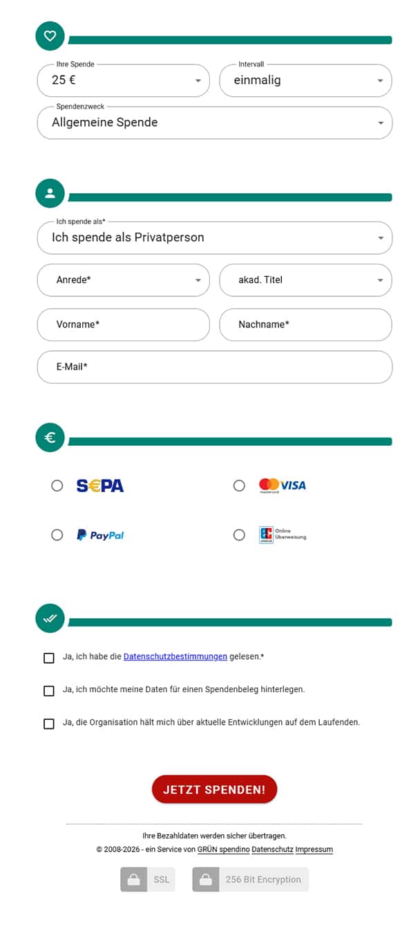 Spendenformular für Online-Spenden mit Auswahl von Betrag, Zahlungsart und persönlichen Daten
