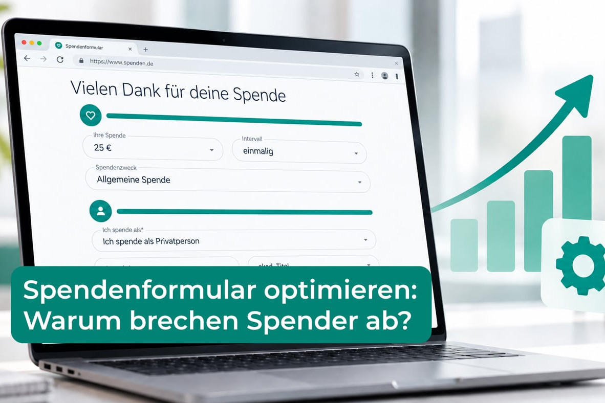 Spendenformular optimieren: Laptop mit Online-Spendenformular, daneben ein steigendes Balkendiagramm und ein Zahnrad.