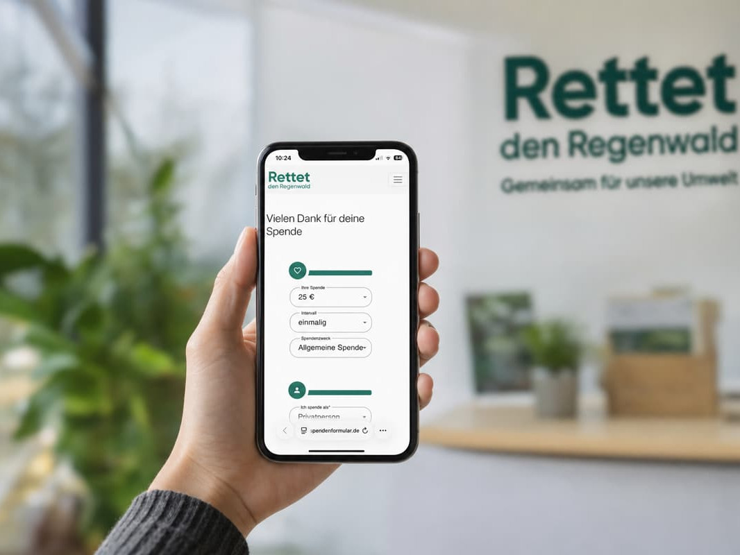 Spendenformular auf einem Smartphone in der Hand in einer modernen Büroumgebung