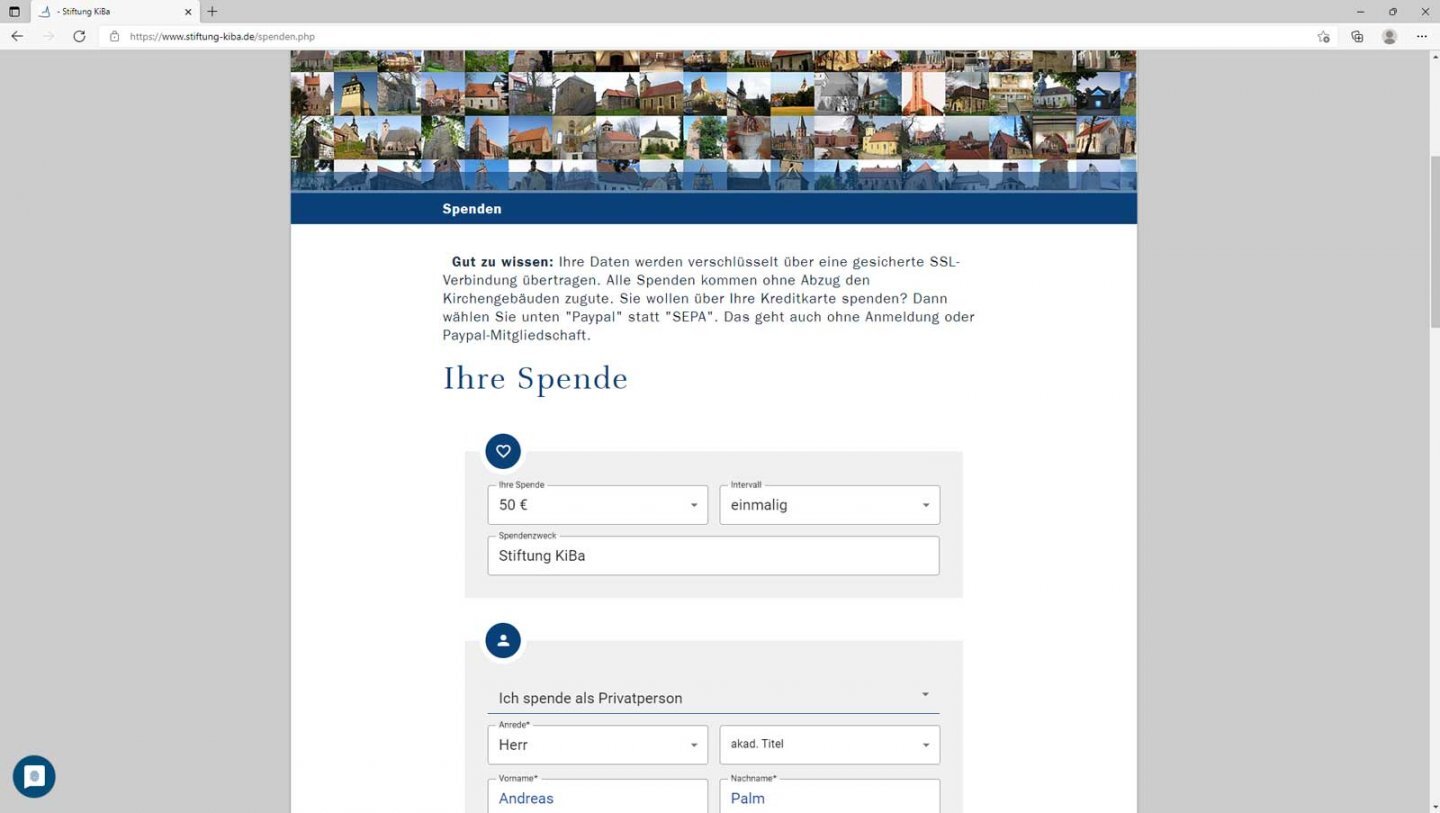 Das Online-Spendenformular auf der Website der Stiftung KiBa