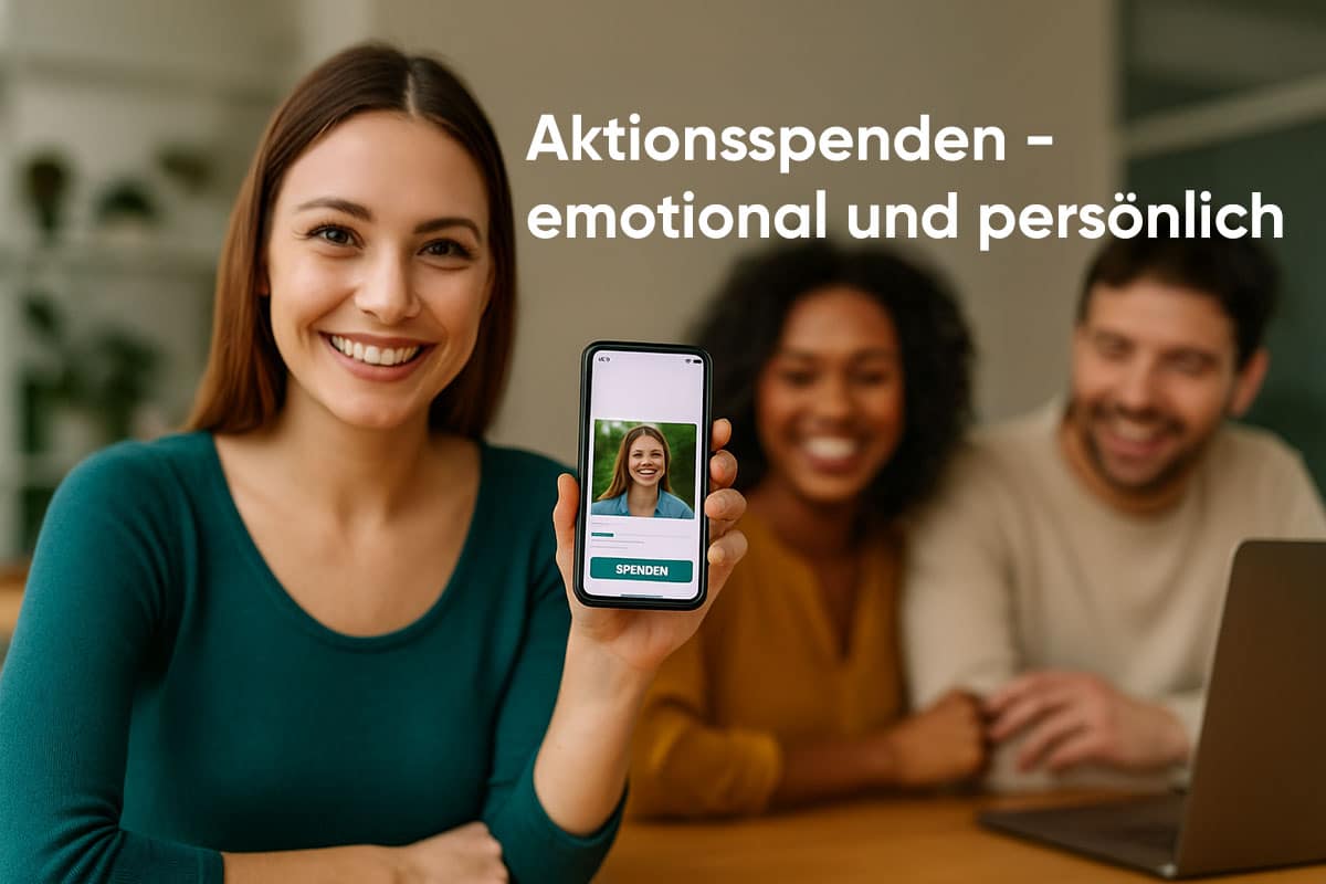 Frau zeigt Smartphone mit Spendenaktion „Für meine Tochter“, Freunde schauen mit