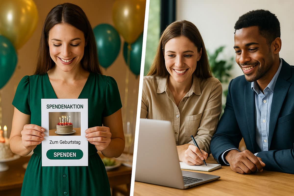 Links Frau mit Spendenkarte auf Geburtstagsfeier, rechts zwei Personen bei Planung einer Spendenaktion im Büro