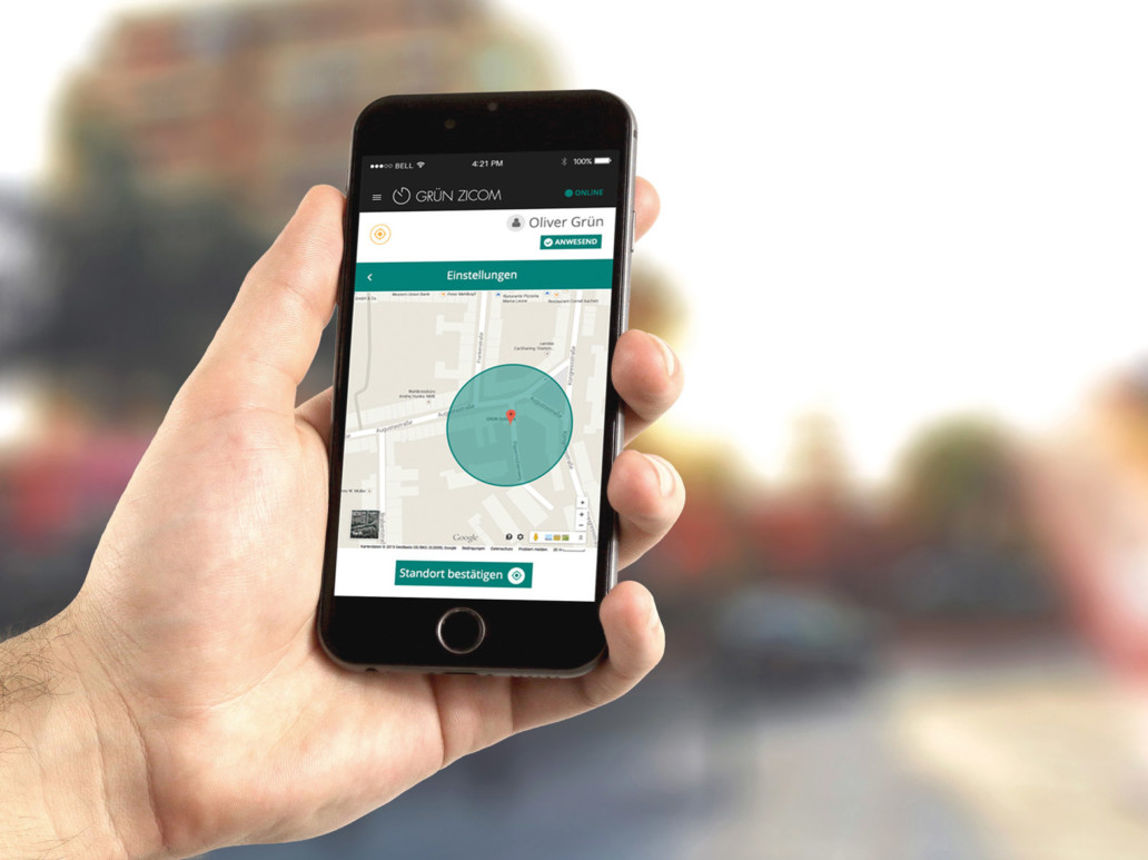 GRÜN mZICOM: Vollautomatische Zeiterfassung über die native Smartphone-App.