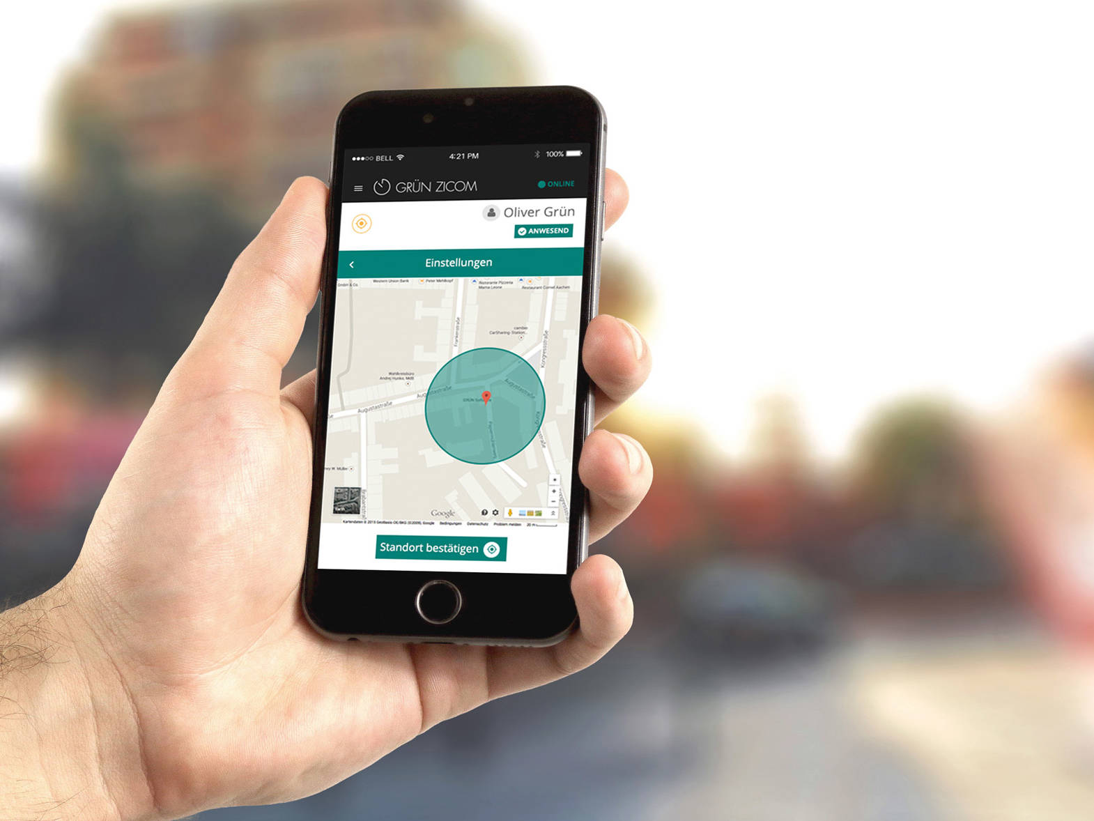 GRÜN mZICOM: Vollautomatische Zeiterfassung über die native Smartphone-App.